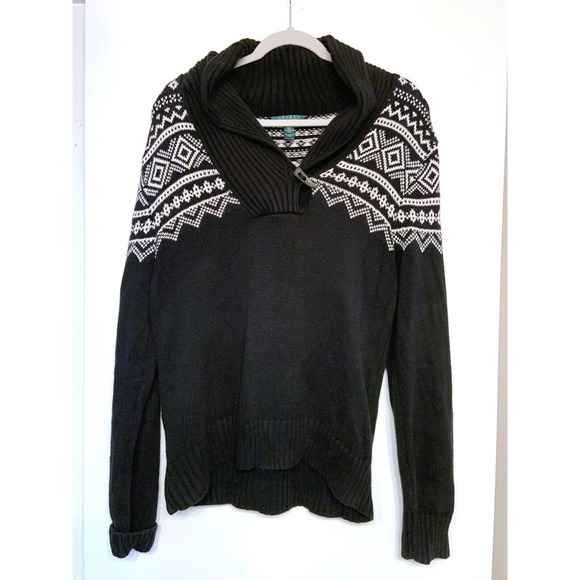 LRL Ralph Lauren Womens Cardigan Sweater Aztec Black Cream Geometric - Picture 1 of 4